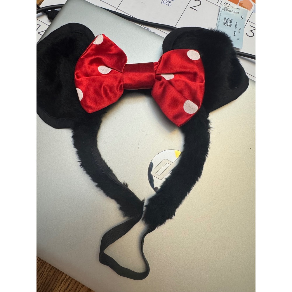 Disney Minnie Mouse Ears Headband Red Polka Dot Satin Bow Faux Fur Elastic Strap
